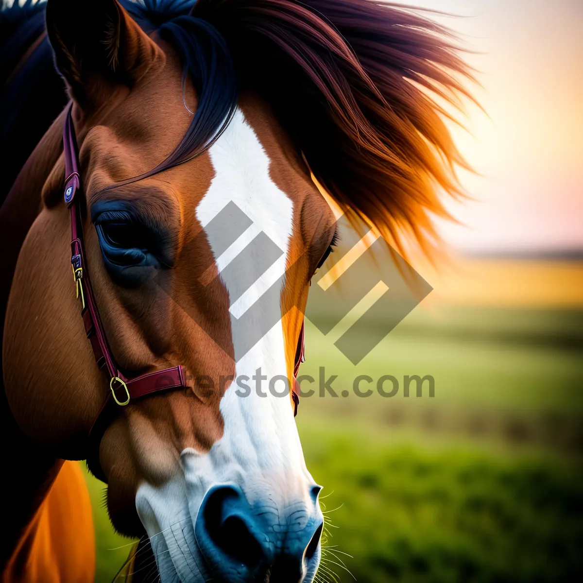 Picture of Brown Thoroughbred Stallion with Equestrian Gear in Rural Field