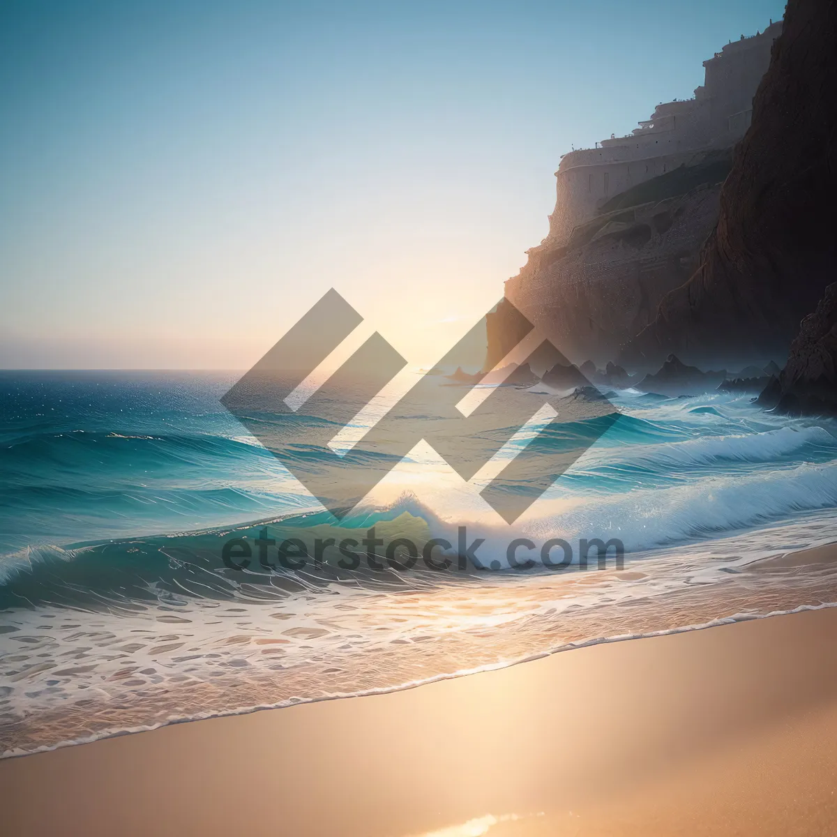 Picture of Sunset paradise on cliff with tropical waves.