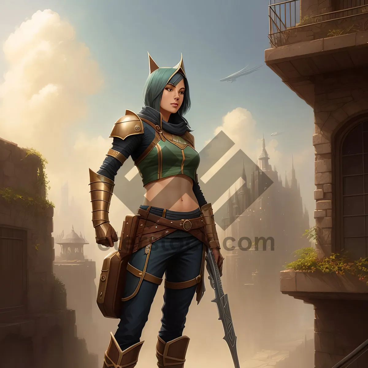 Picture of Fashionable warrior portrait wearing protective armor and halberd.