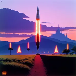 Sunset Rocket Soaring through City Skyline