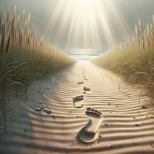 Footprints In Beach Sand With Sunbeams