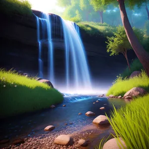 Enchanting Cascading Waterfall in Serene Forest Landscape