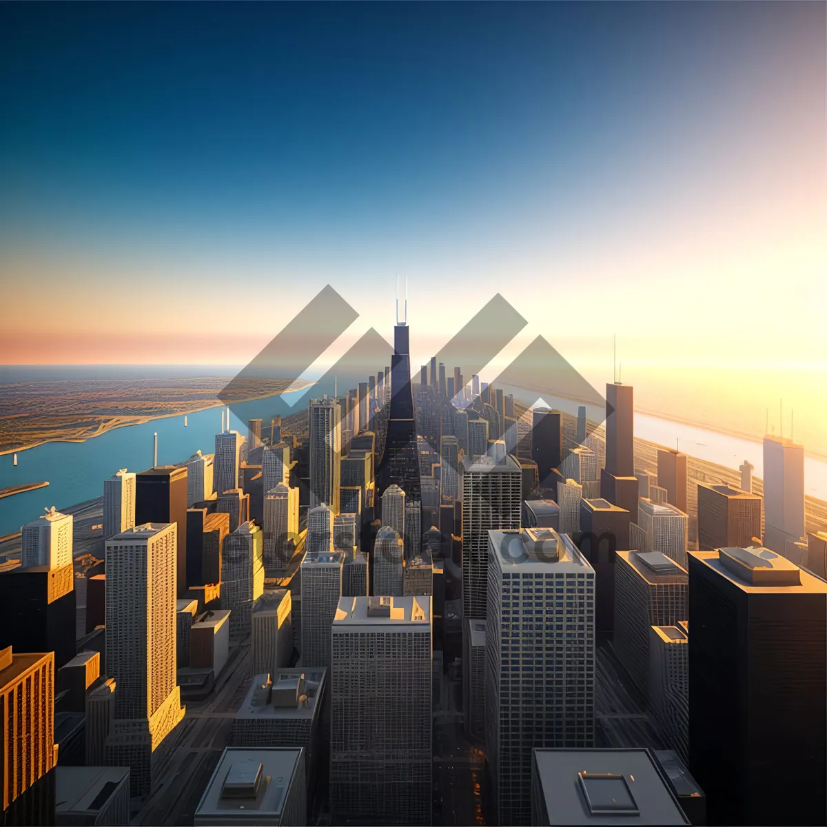 Picture of Cityscape at Sunset: Modern Skyscrapers Reflecting on the River