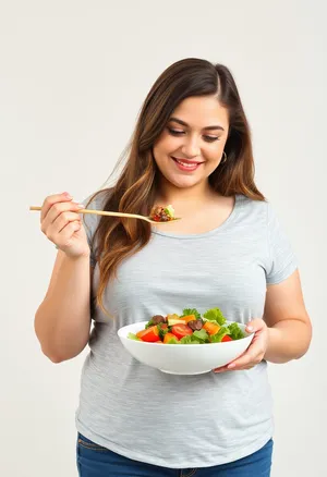 Happy businesswoman eating healthy food with a smile