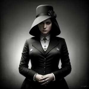 Stylish Businesswoman in Black Suit, Hat & Jacket