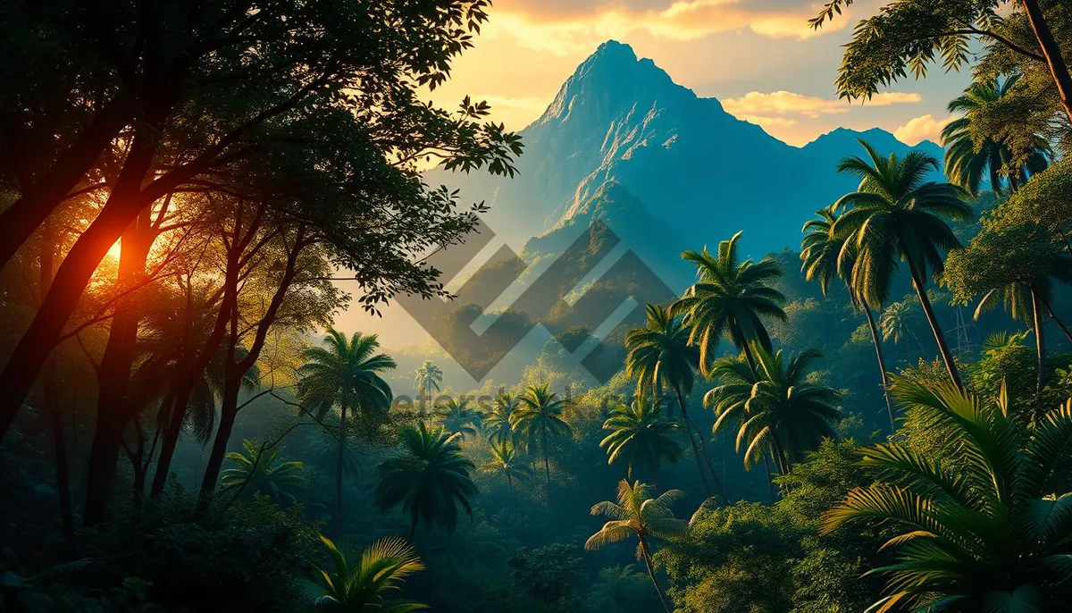 Picture of Tropical sunset over tranquil beach with palm trees.