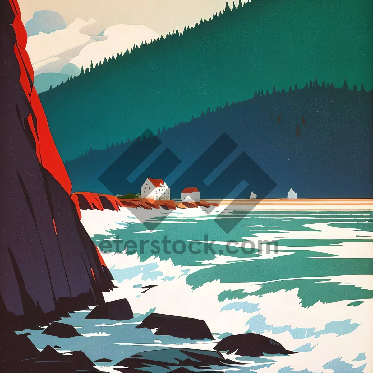 Picture of Serene Tropical Beach with Boat and Flag