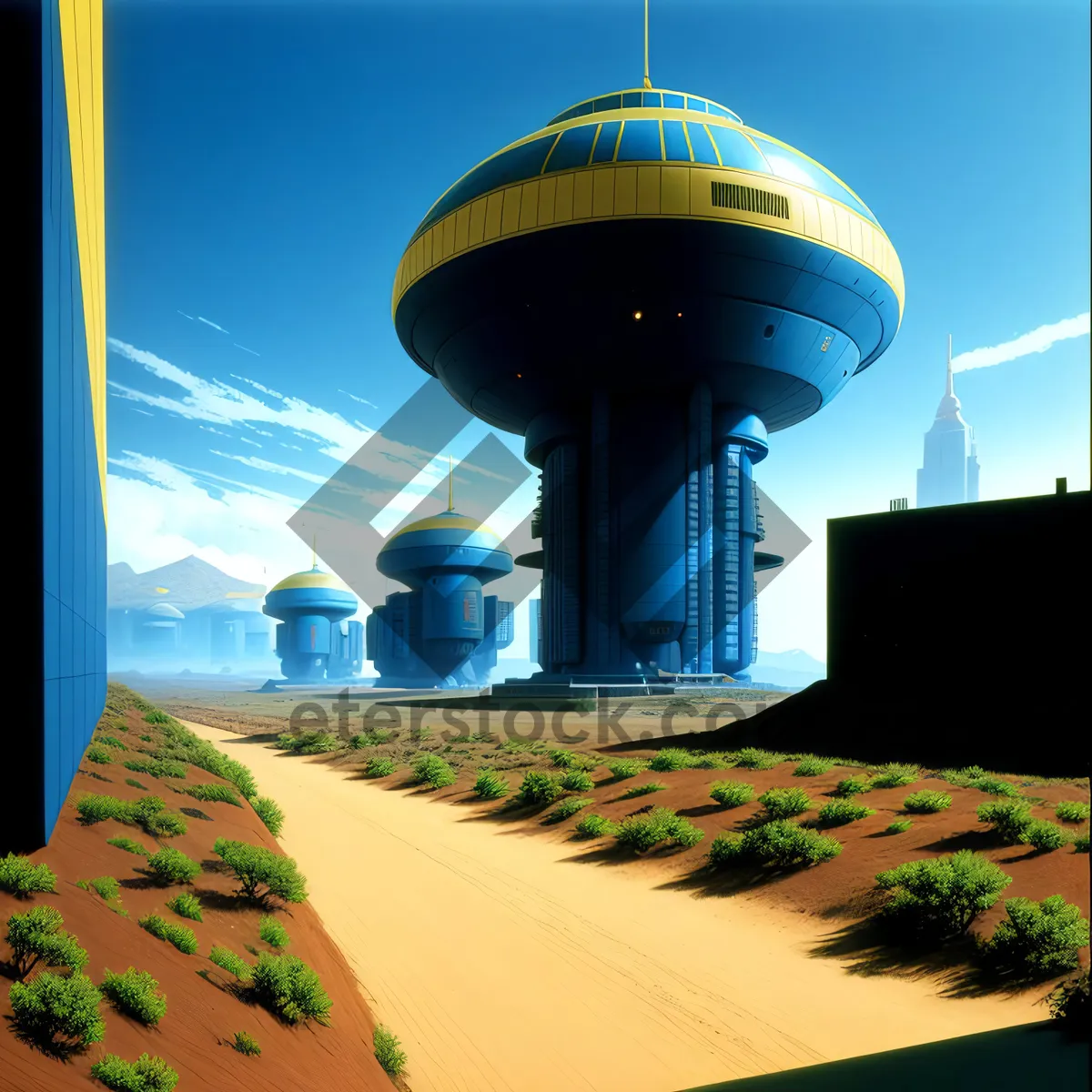 Picture of Cityscape Water Tower against a Blue Sky