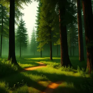 Sunlit woodland path in a scenic forest.