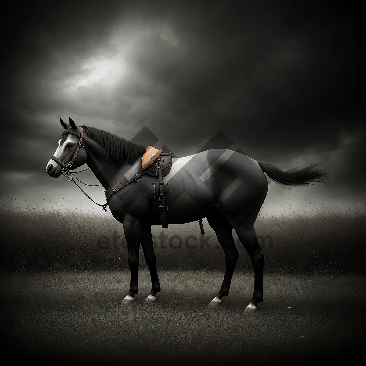 Picture of Elegant Black Stallion in Equine Harness