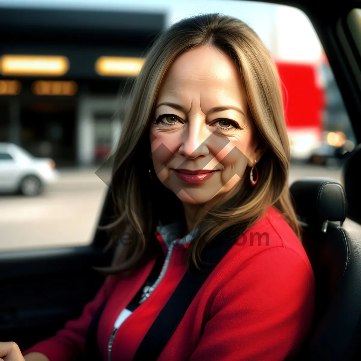 Picture of Happy businesswoman driving new car with seat belt.