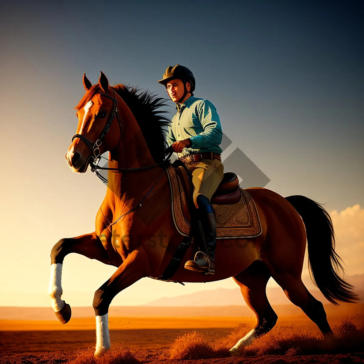 Picture of Silhouette of a Rider on a Thoroughbred Horse at Sunset.