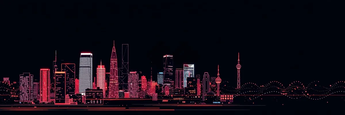 Picture of Modern city skyline with tall skyscrapers at night.