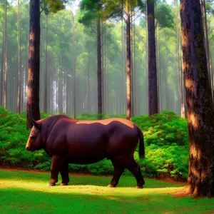 Wild Rhinoceros Grazing in Rural Pasture.