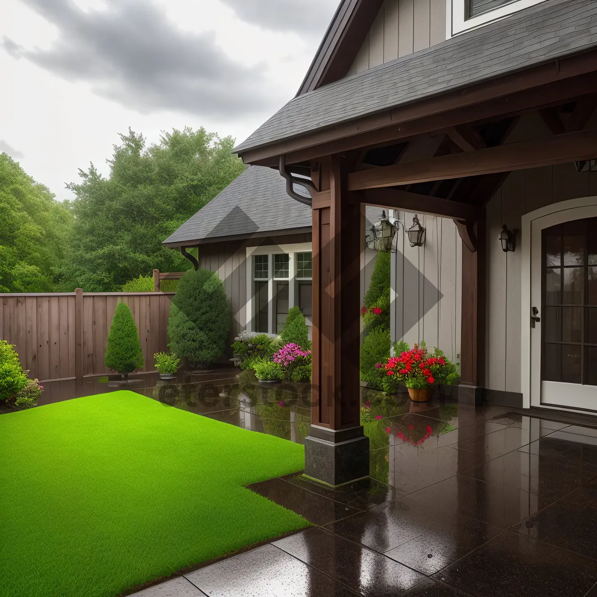 Picture of Modern Brick Home with Beautiful Patio Landscape