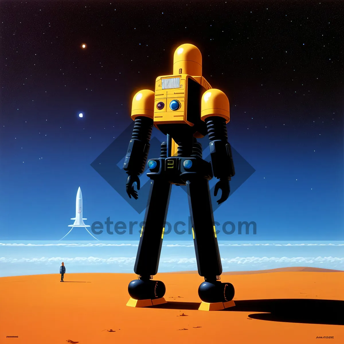 Picture of Automaton Silhouette Embracing Sunset Over Sea