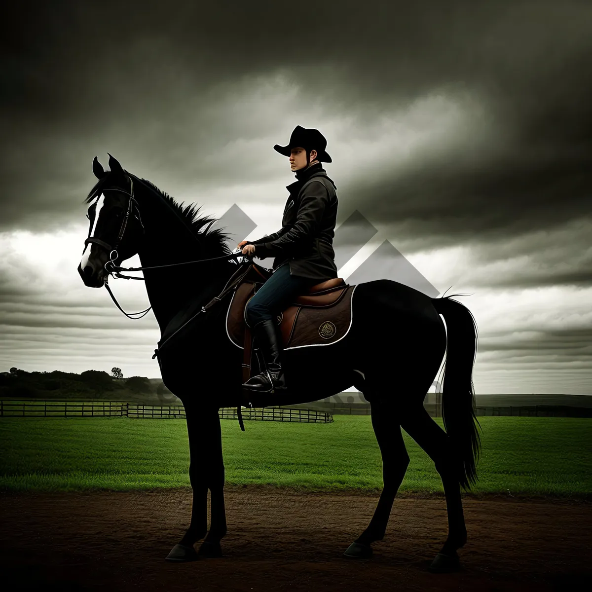 Picture of Rider on Stallion, Vaulting Horse at Sunset