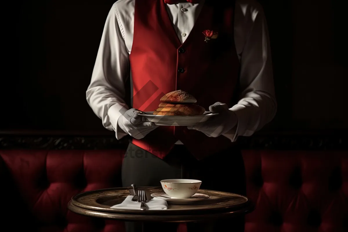 Picture of Happy male DJ at work spinning music on table.