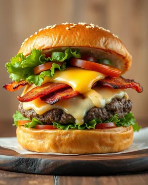 Grilled beef burger with melted cheese and veggies