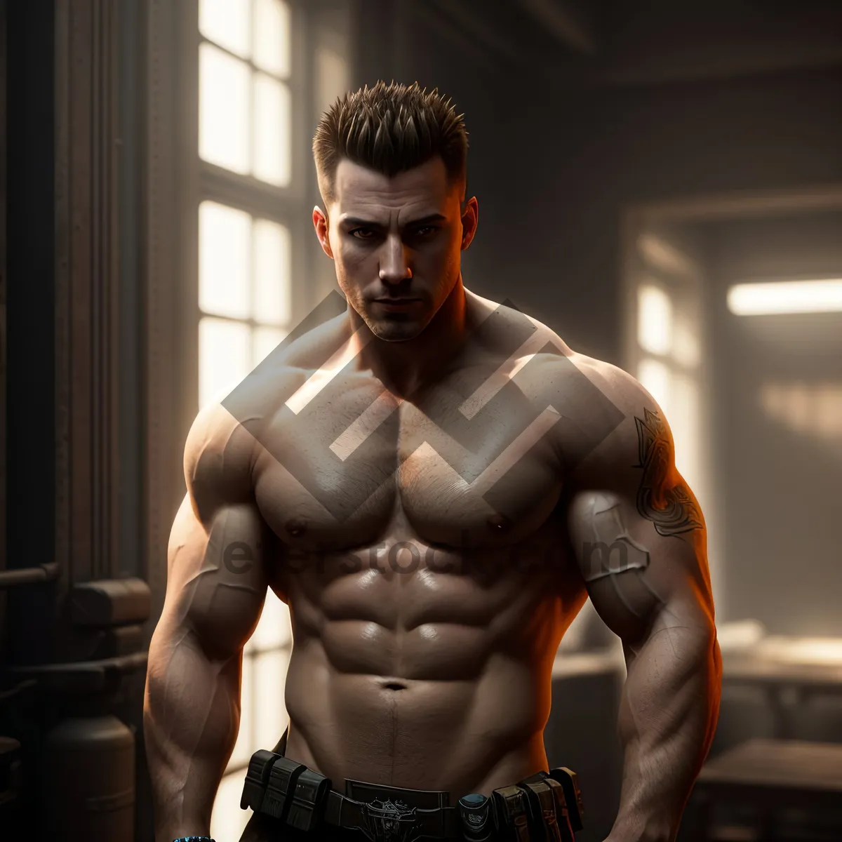 Picture of Powerful Muscle-Bound Fighter Flexing Intense Physique