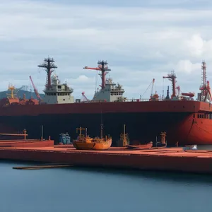 Shipping vessel docked at industrial port.