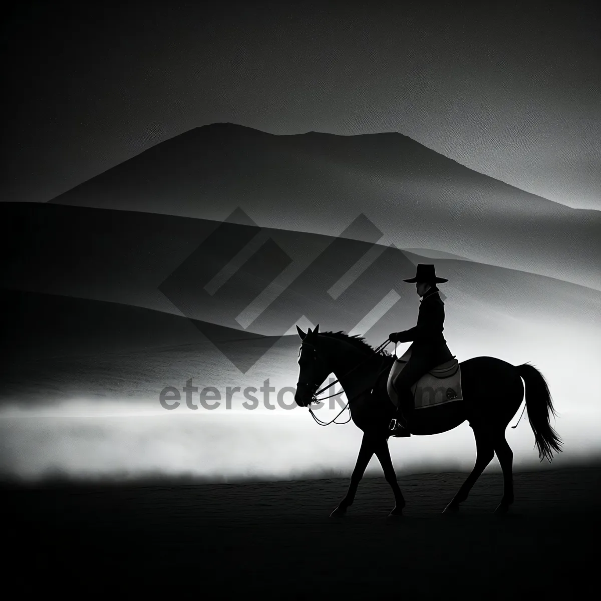 Picture of Majestic Desert Horse Silhouetted Against Vibrant Sunset Sky