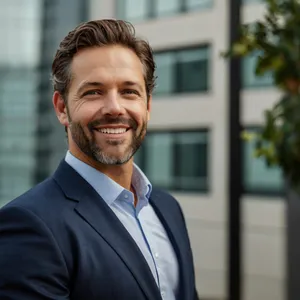 Successful businessman standing in modern office smiling confidently