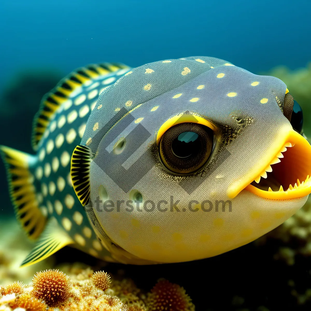 Picture of Exotic Saltwater Puffer Fish in Underwater Reef