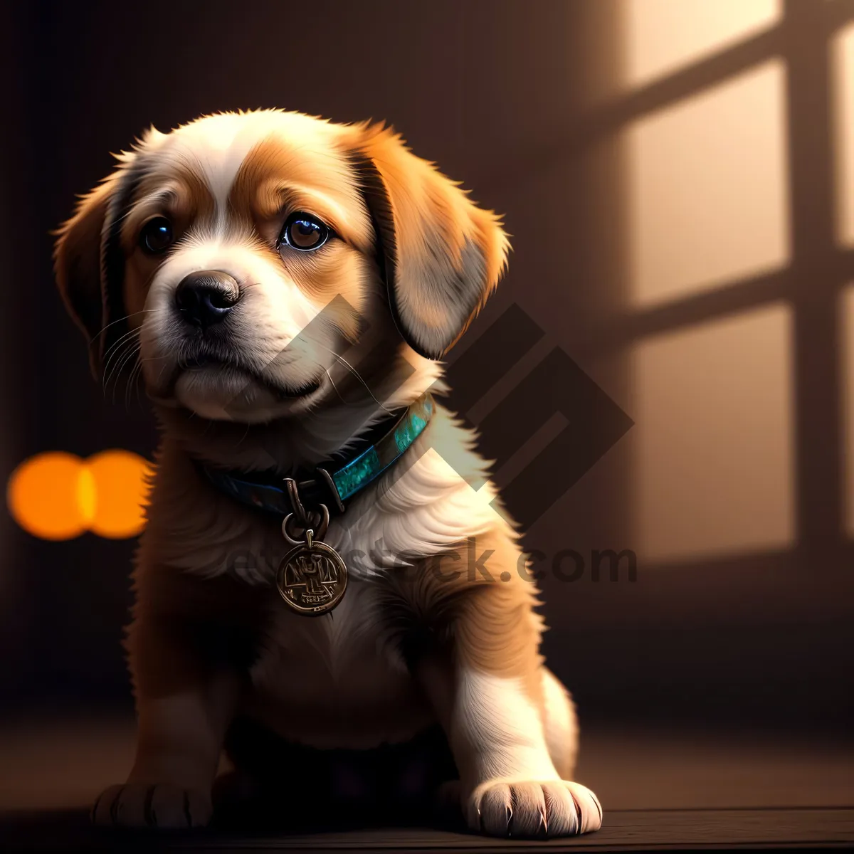 Picture of Adorable brown Beagle puppy sitting with leash
