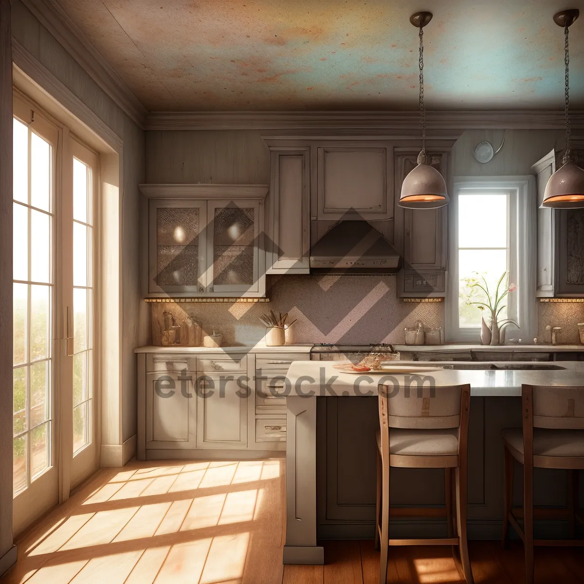 Picture of Kitchen Interior Decorated with Luxurious Wooden Furniture and Exquisite Lighting