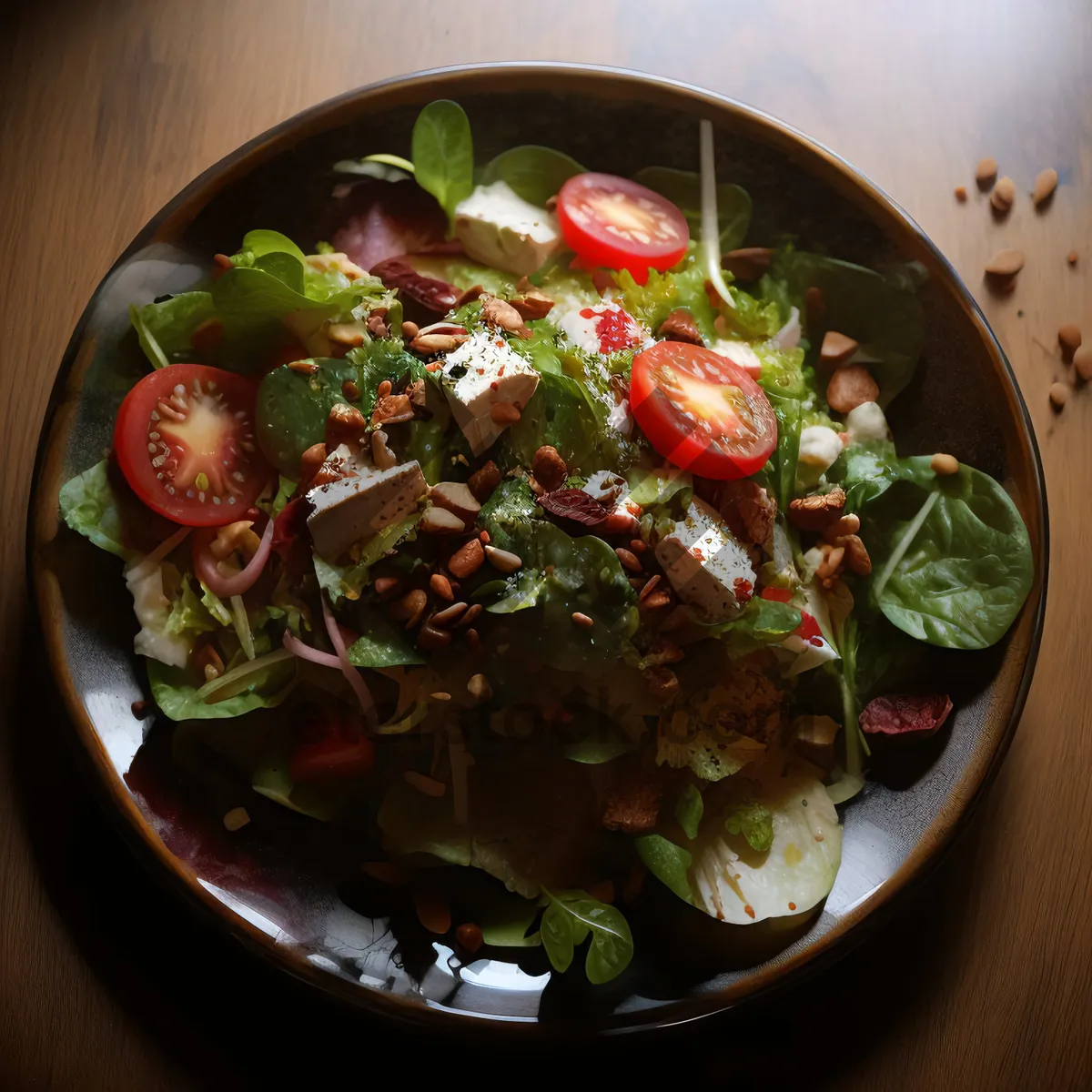 Picture of Fresh vegetable salad with grilled beef and sauce.