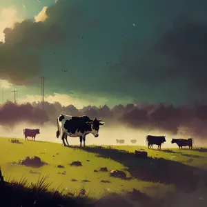 Idyllic Sunset Landscape with Horses in Rural Field