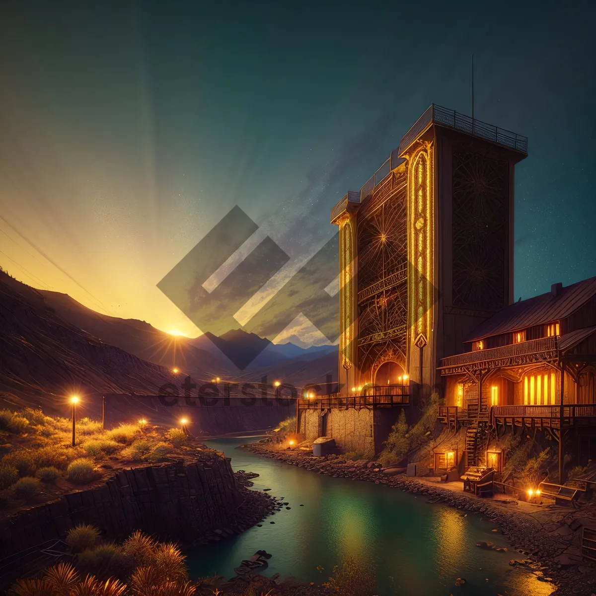 Picture of Nighttime cityscape with stunning suspension bridge over river