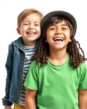 Happy couple smiling together in studio portrait.