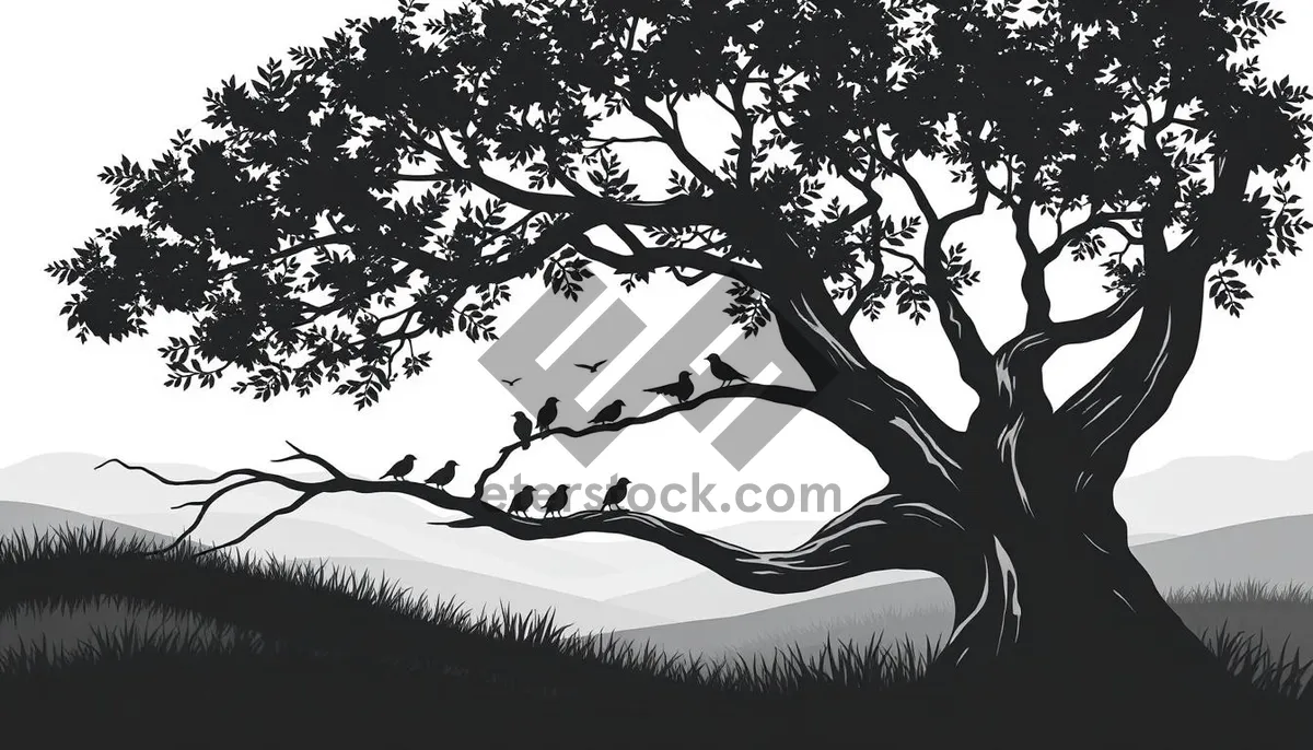 Picture of Black Oak Tree Silhouette with Floral Design Element