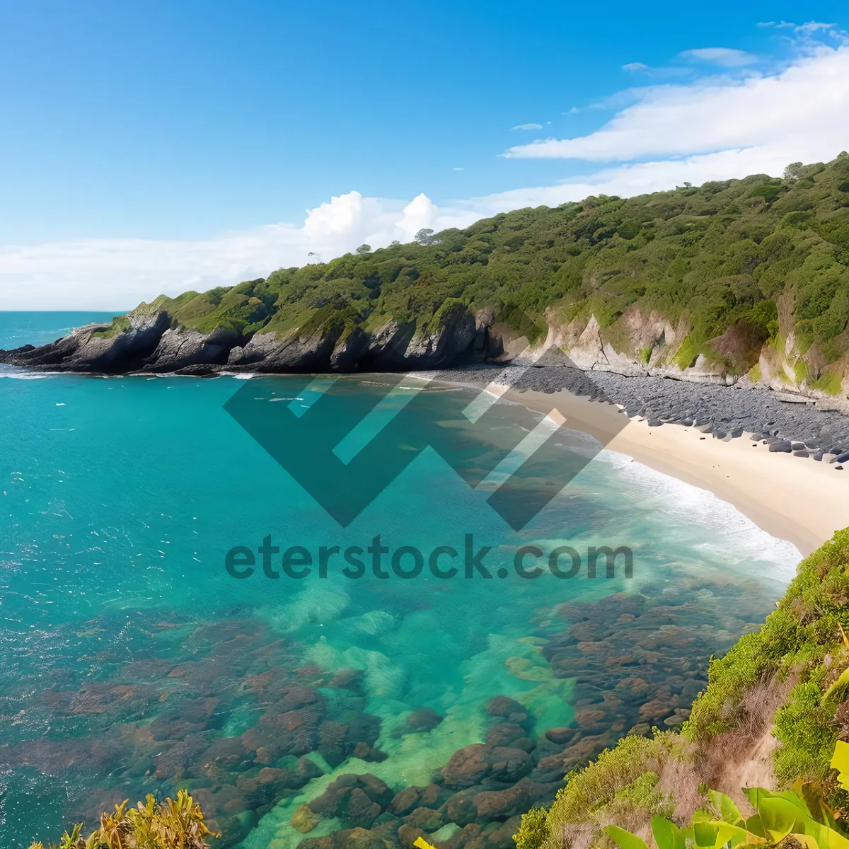 Picture of Sunny Beachscape: Tropical Waves and Rocky Shore