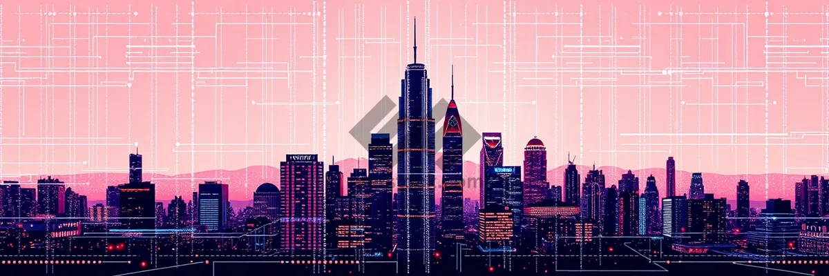 Picture of Modern city skyline at night with glowing office buildings.