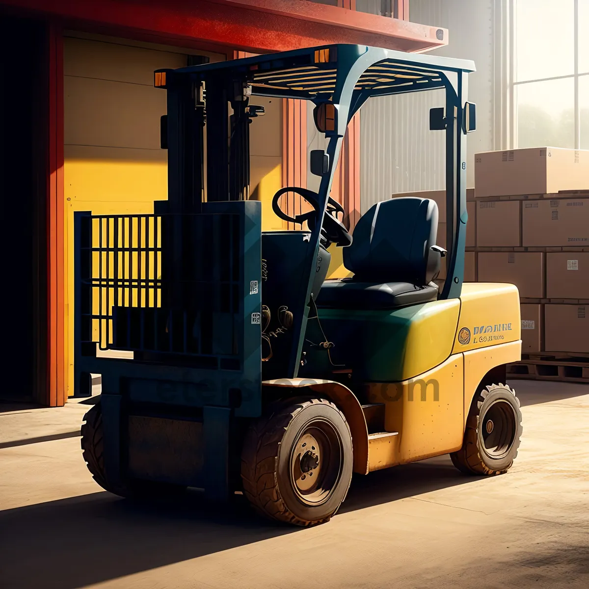 Picture of Industrial Heavy Forklift Truck Transporting Cargo in Warehouse