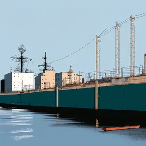 Container ship sailing in bustling port