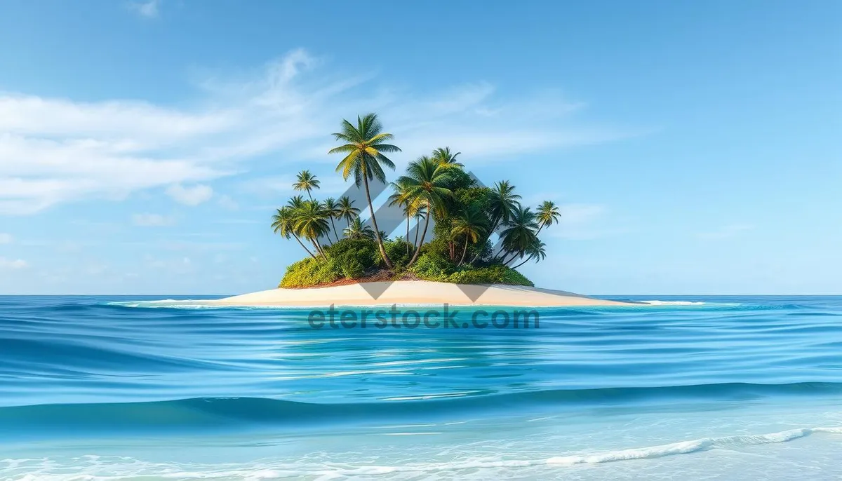 Picture of Tropical beach vacation paradise with calm waves and palm trees.