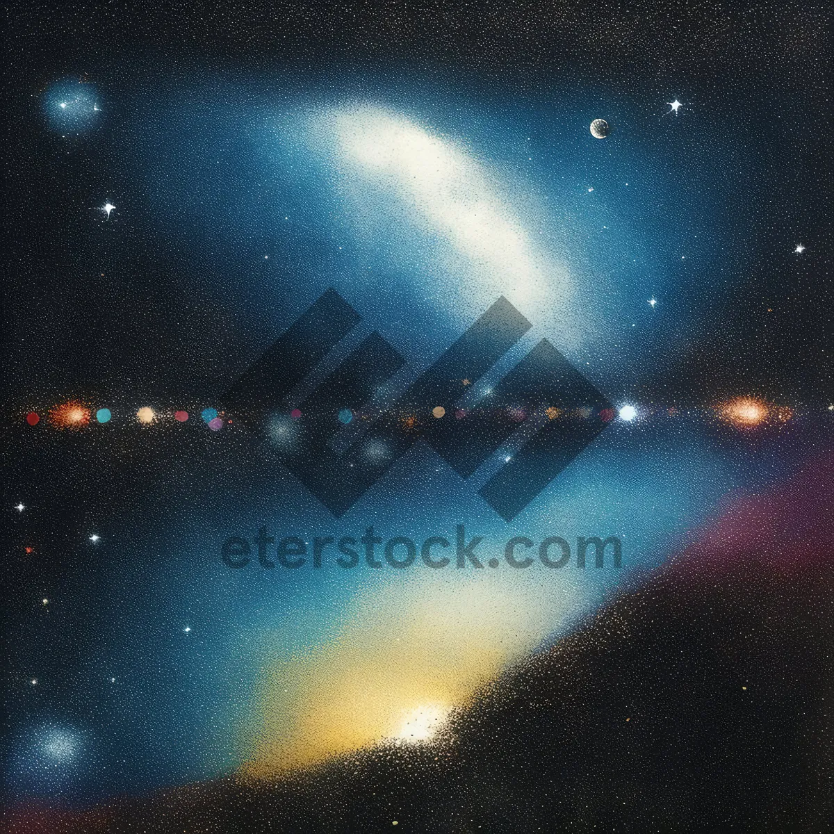 Picture of Dark space galaxy with glowing stars and moon orbiting.