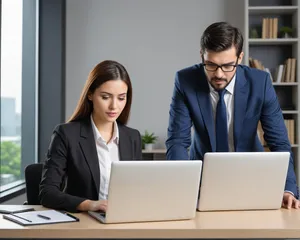 Happy businessman working on laptop in office.