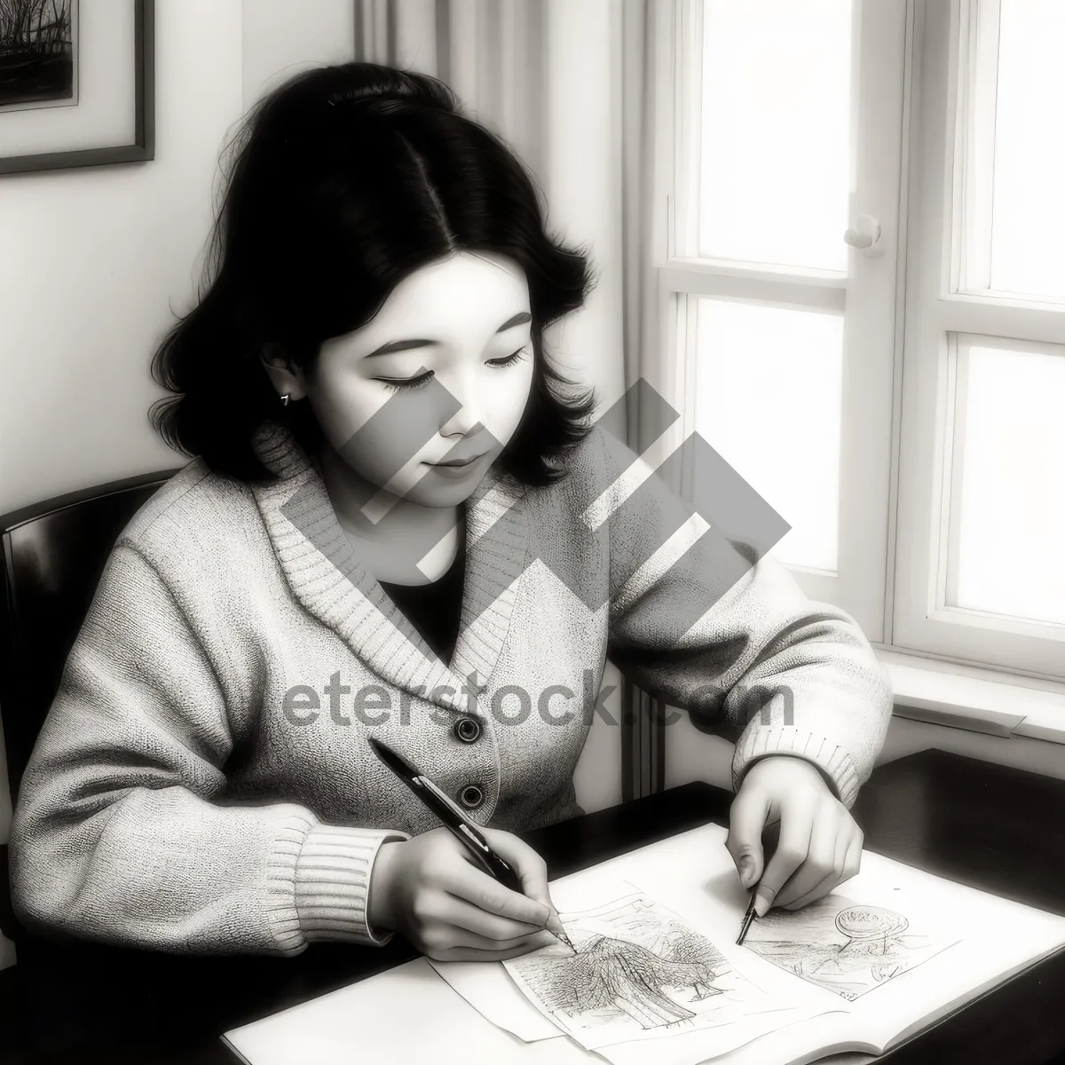 Picture of Professional woman smiling while solving crossword puzzle at desk.