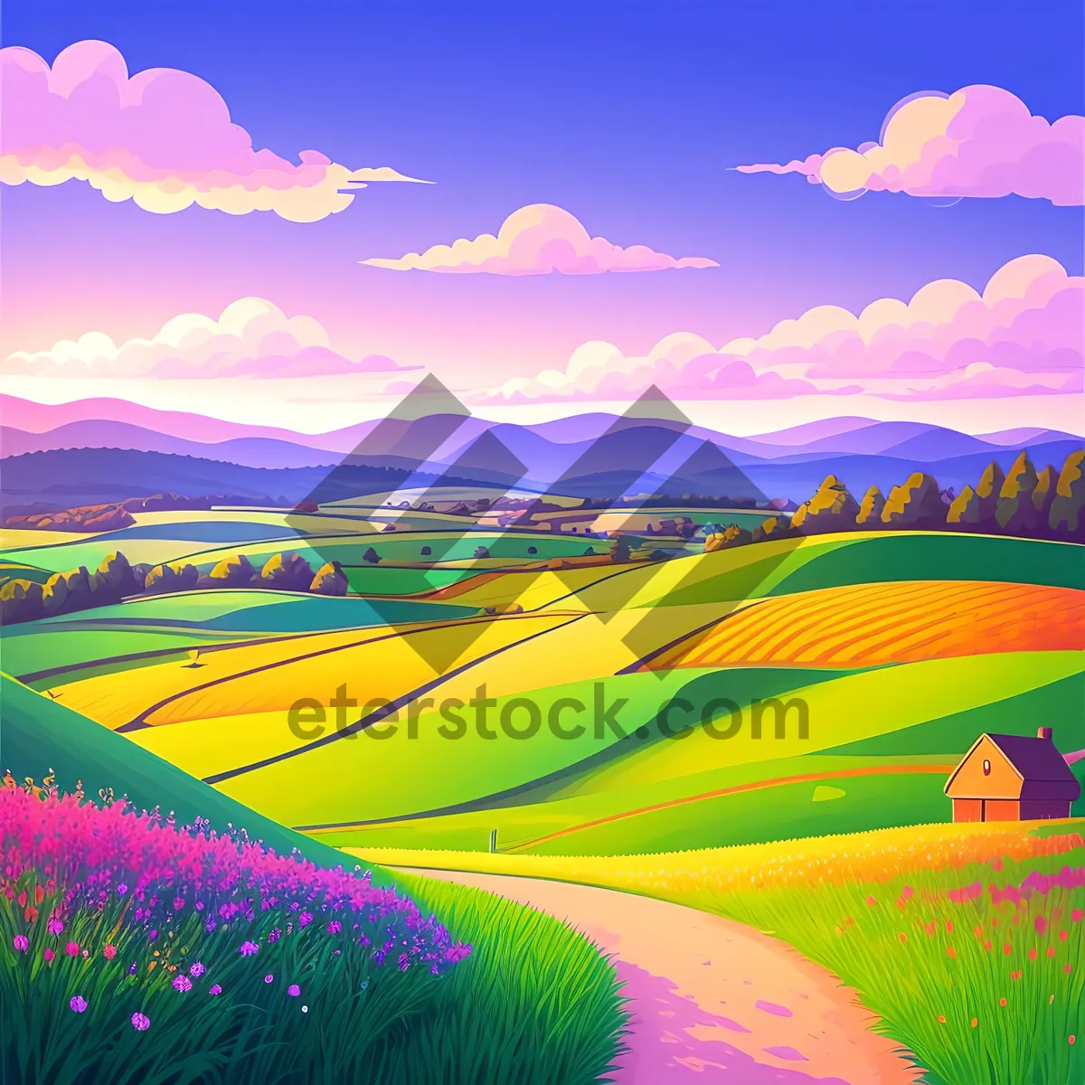 Picture of Serenity in the Countryside: Sunset Over Meadow