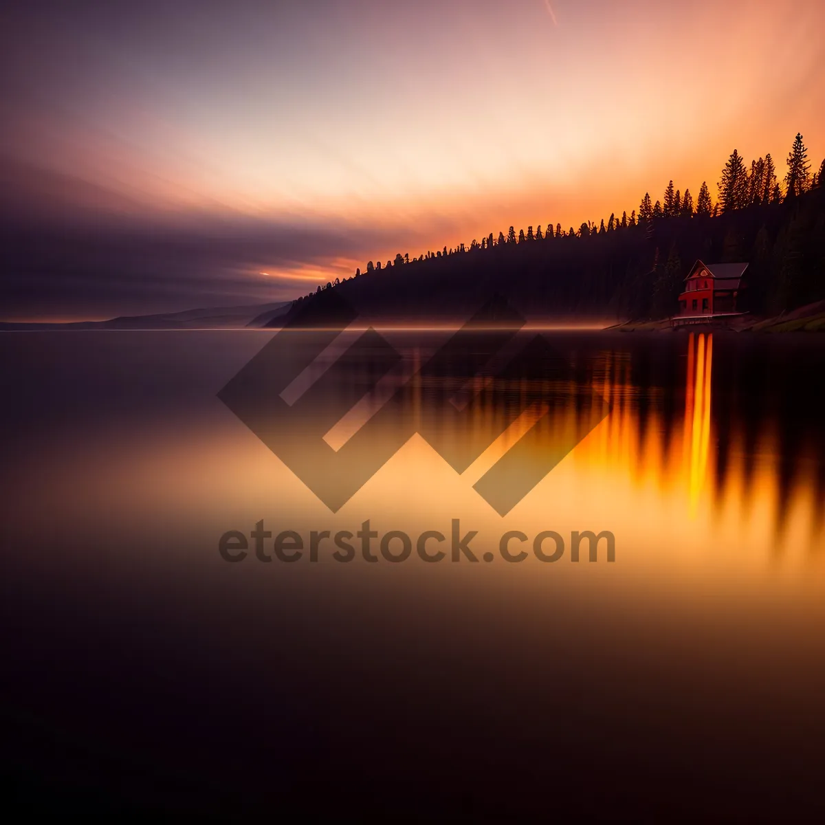 Picture of Serenity by the Water: Sunset Reflection over City Skyline