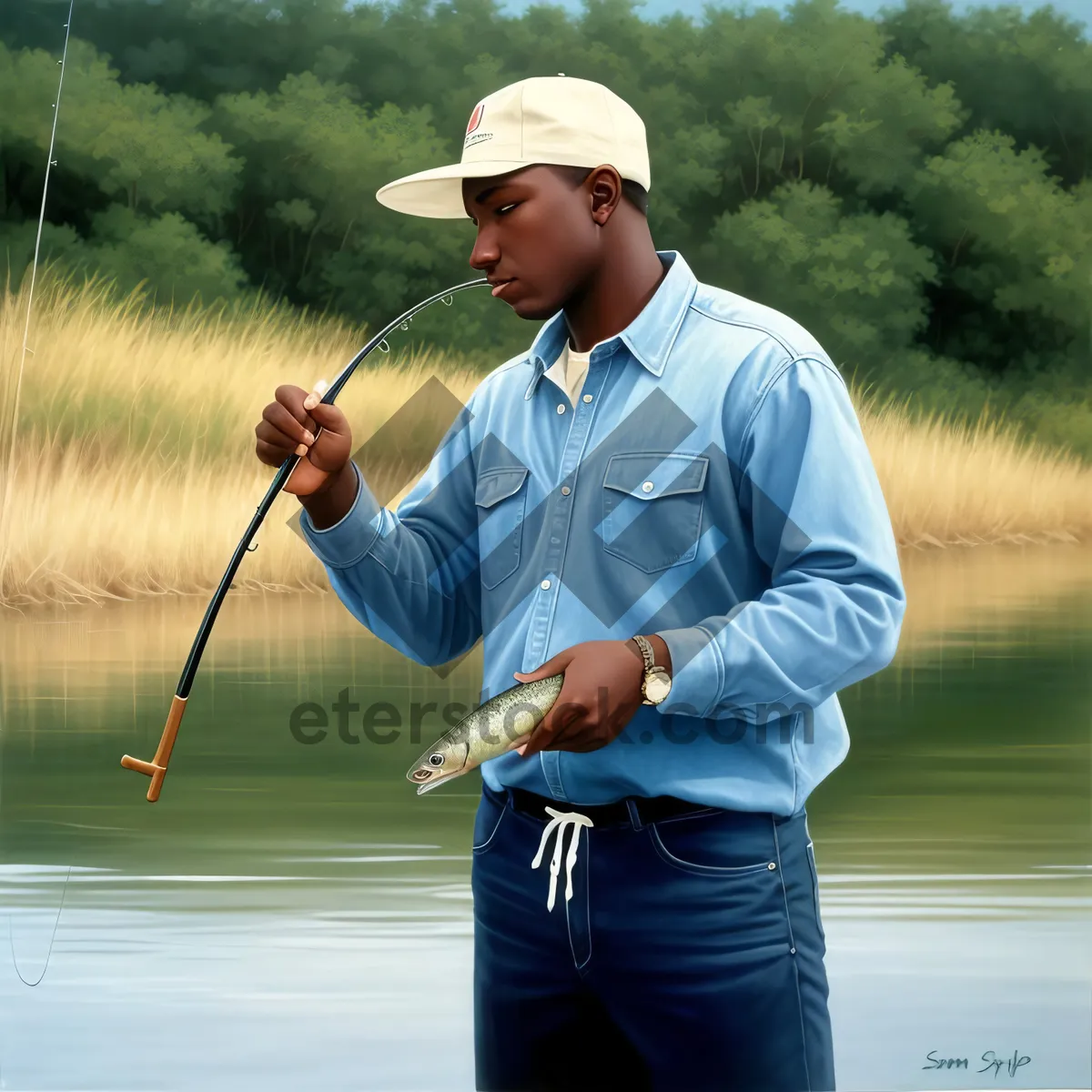 Picture of Golfer swinging iron on green grass