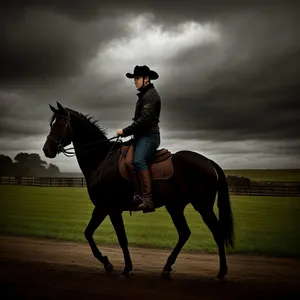 Equestrian Cowboy Riding Stallion with Polo Mallet