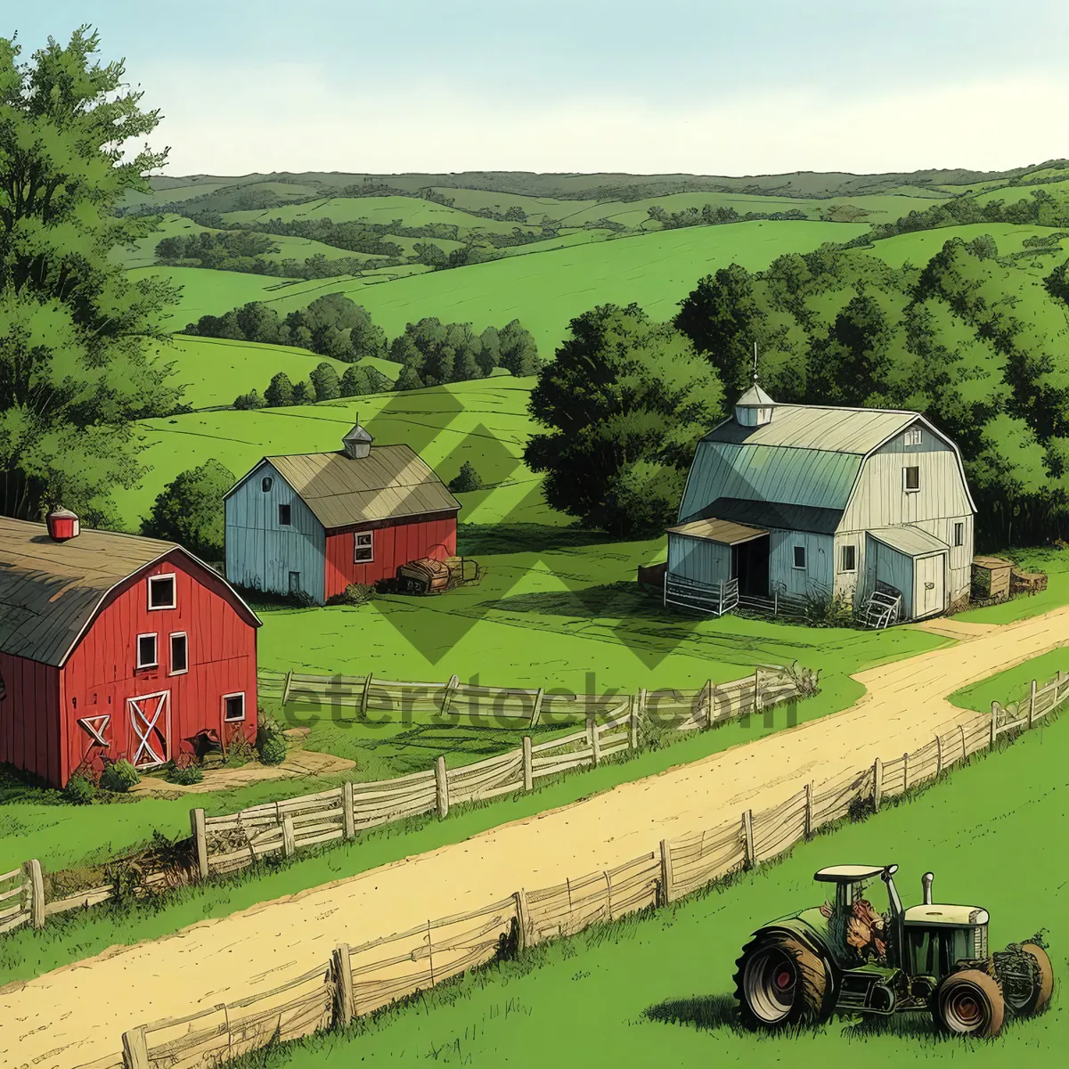 Picture of Rural Farm Landscape with Barn and Harvesting Equipment