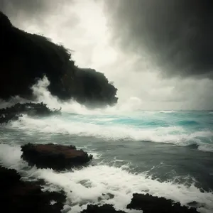 Tropical coastline with crashing waves and rocky cliffs