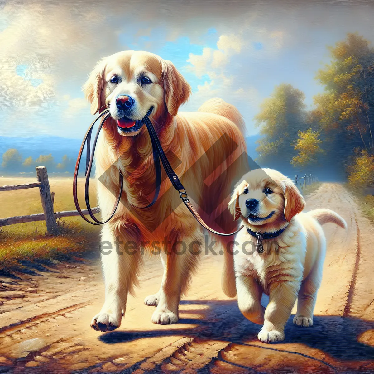 Picture of Portrait of cute golden retriever puppy on leash